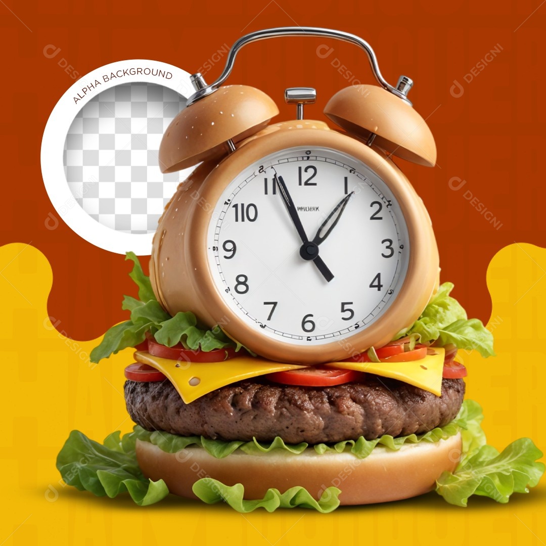 Elemento 3D Relógio Despertador Hamburguer para Composição PSD Editável