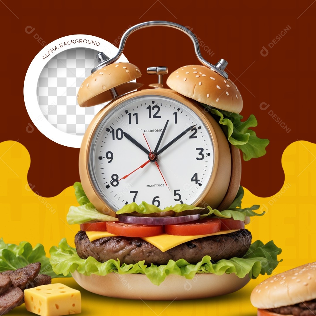 Elemento 3D Relógio Despertador Hamburguer para Composição PSD Editável