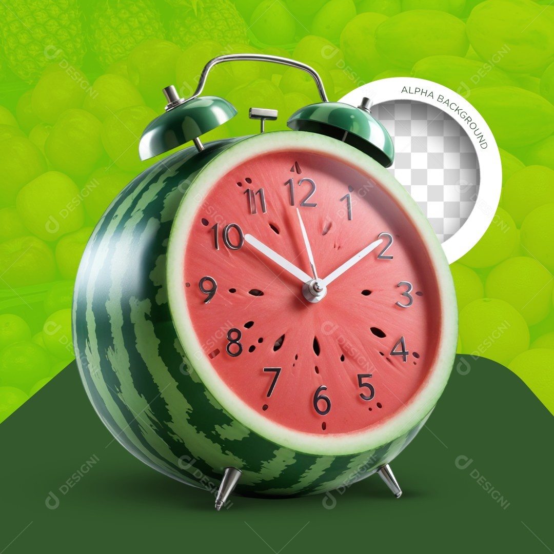 Elemento 3D Relógio Despertador Melancia para Composição PSD Editável