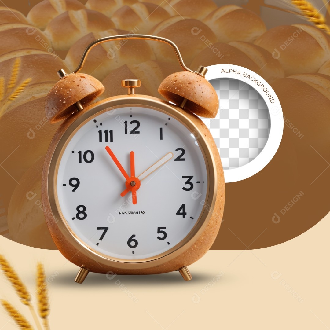 Elemento 3D Relógio Despertador Pão para Composição PSD Editável
