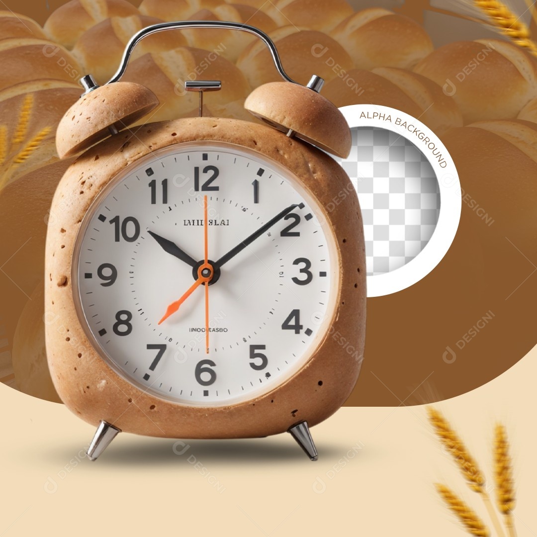 Elemento 3D Relógio Despertador Pão para Composição PSD Editável