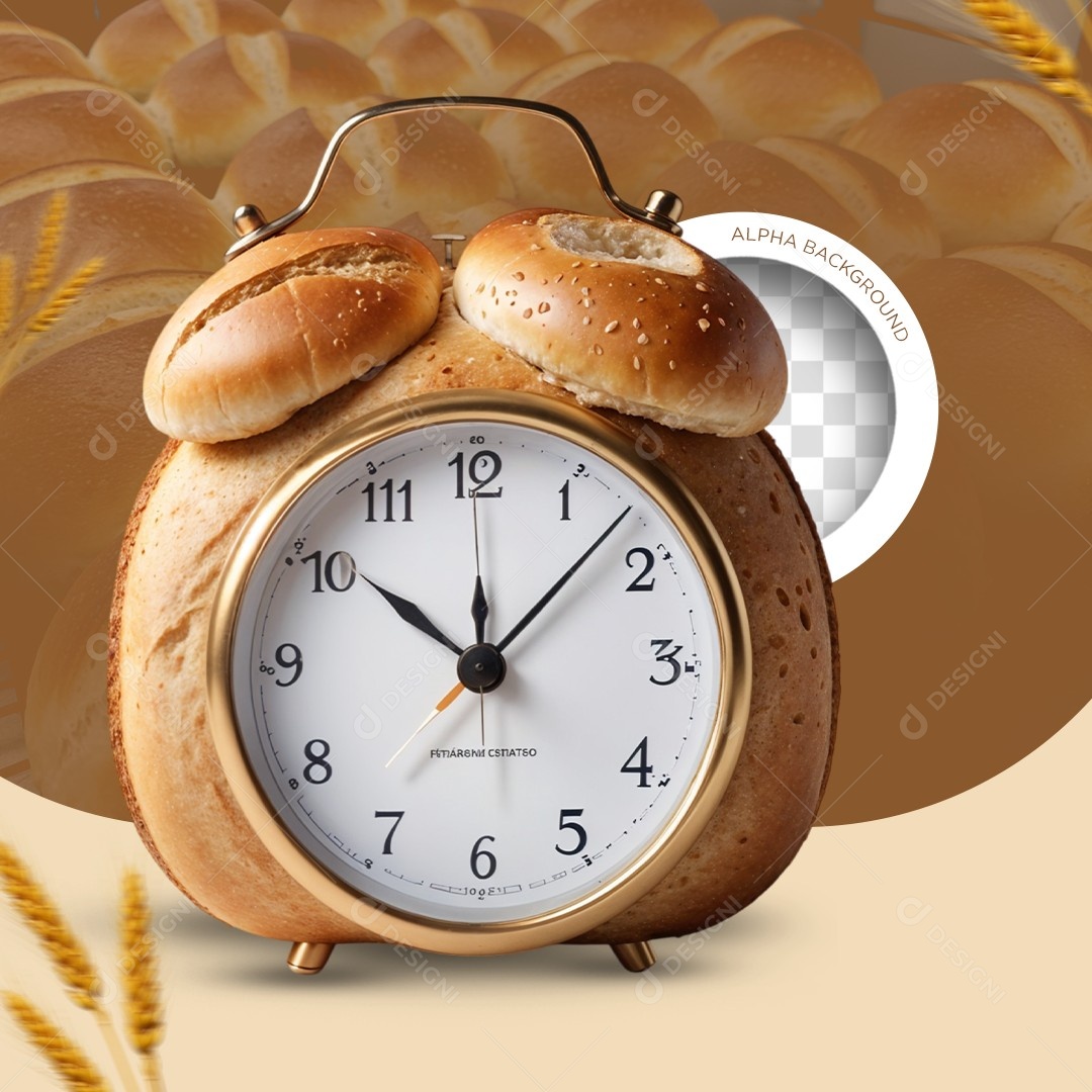 Elemento 3D Relógio Despertador Pão para Composição PSD Editável