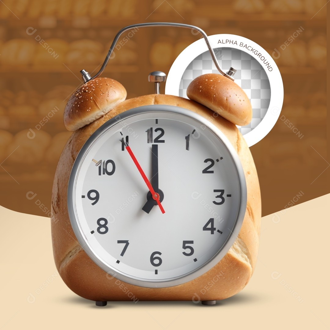 Elemento 3D Relógio Despertador Pão para Composição PSD Editável
