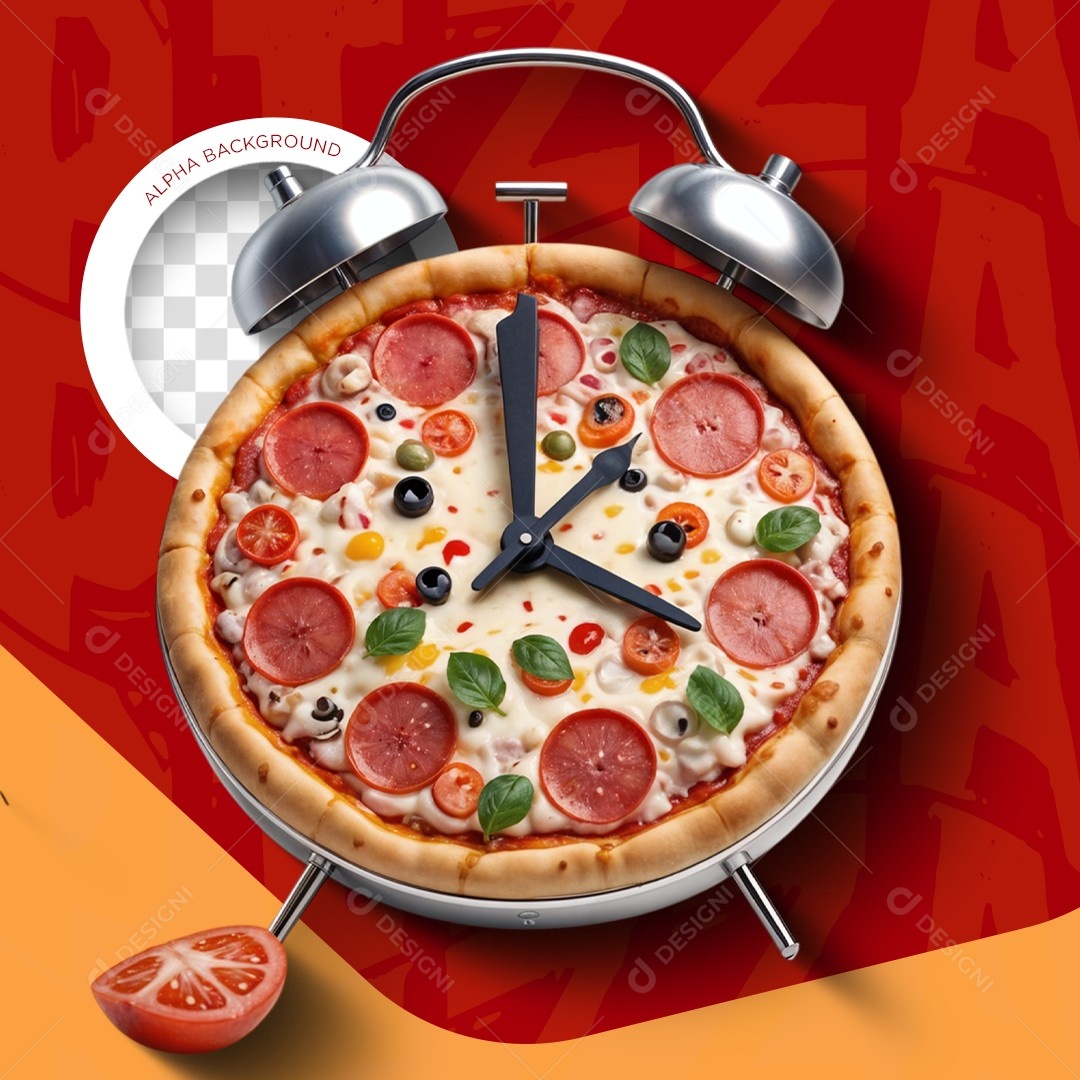 Elemento 3D Relógio Despertador Pizza para Composição PSD Editável