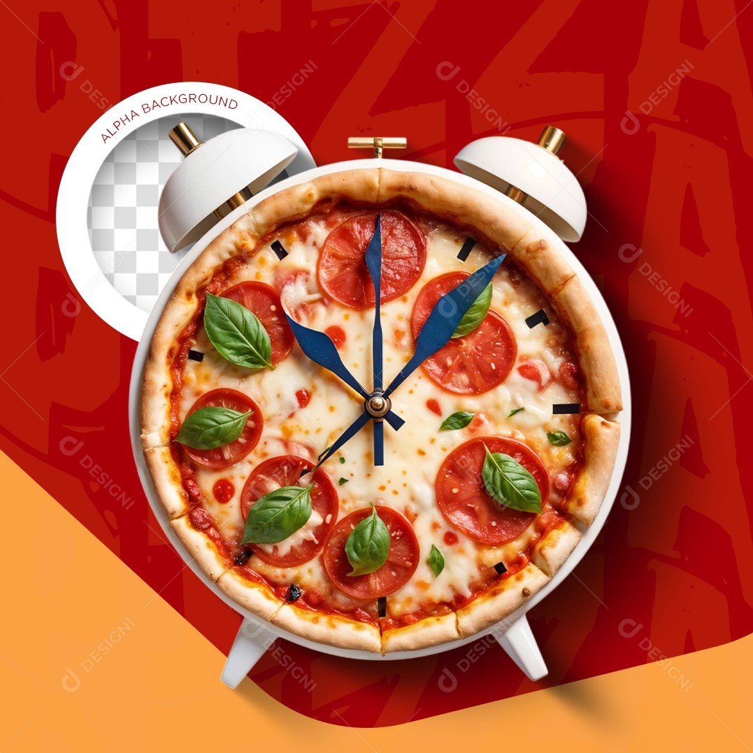 Elemento 3D Relógio Despertador Pizza para Composição PSD Editável
