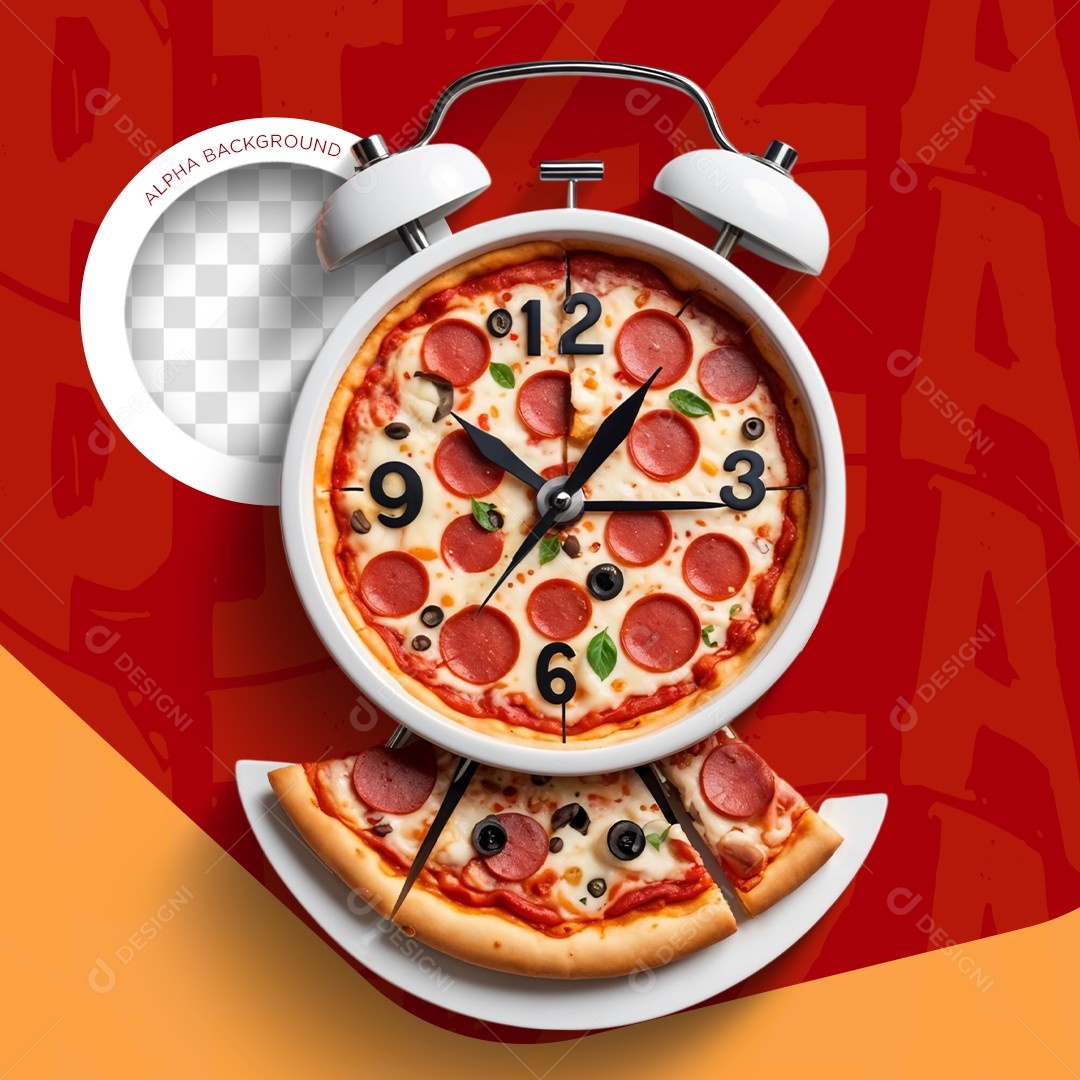 Elemento 3D Relógio Despertador Pizza para Composição PSD Editável