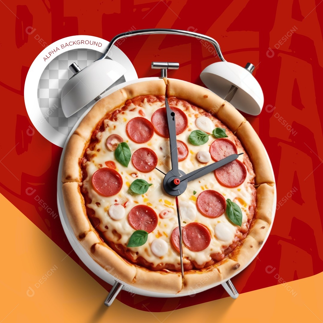 Elemento 3D Relógio Despertador Pizza para Composição PSD Editável