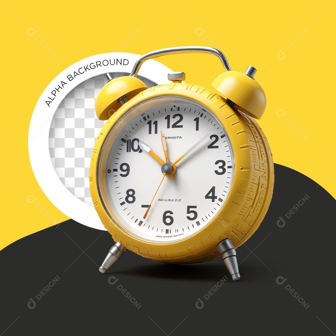 Elemento 3D Relógio Despertador Pneu Autopeças Amarelo para Composição PSD Editável