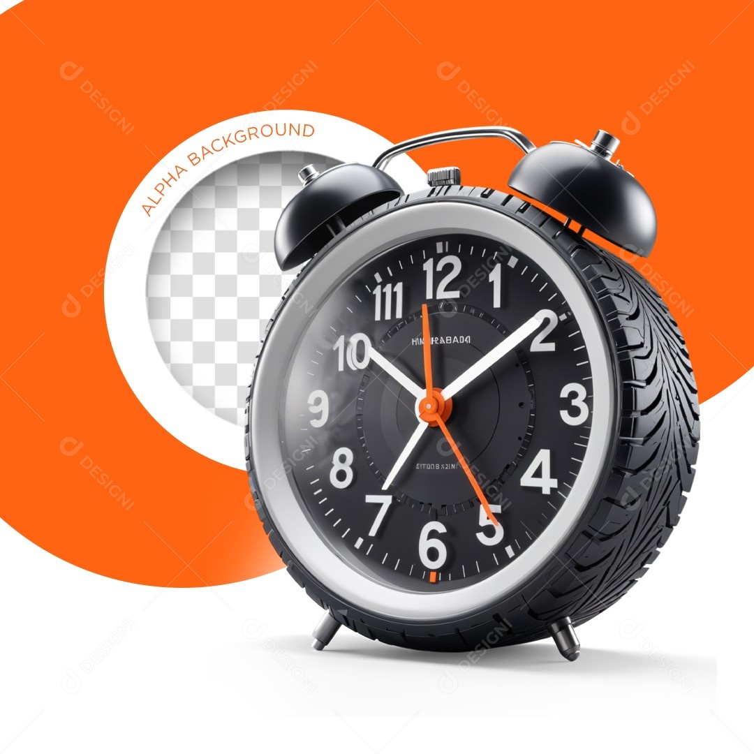 Elemento 3D Relógio Despertador Pneu Autopeças Preto para Composição PSD Editável