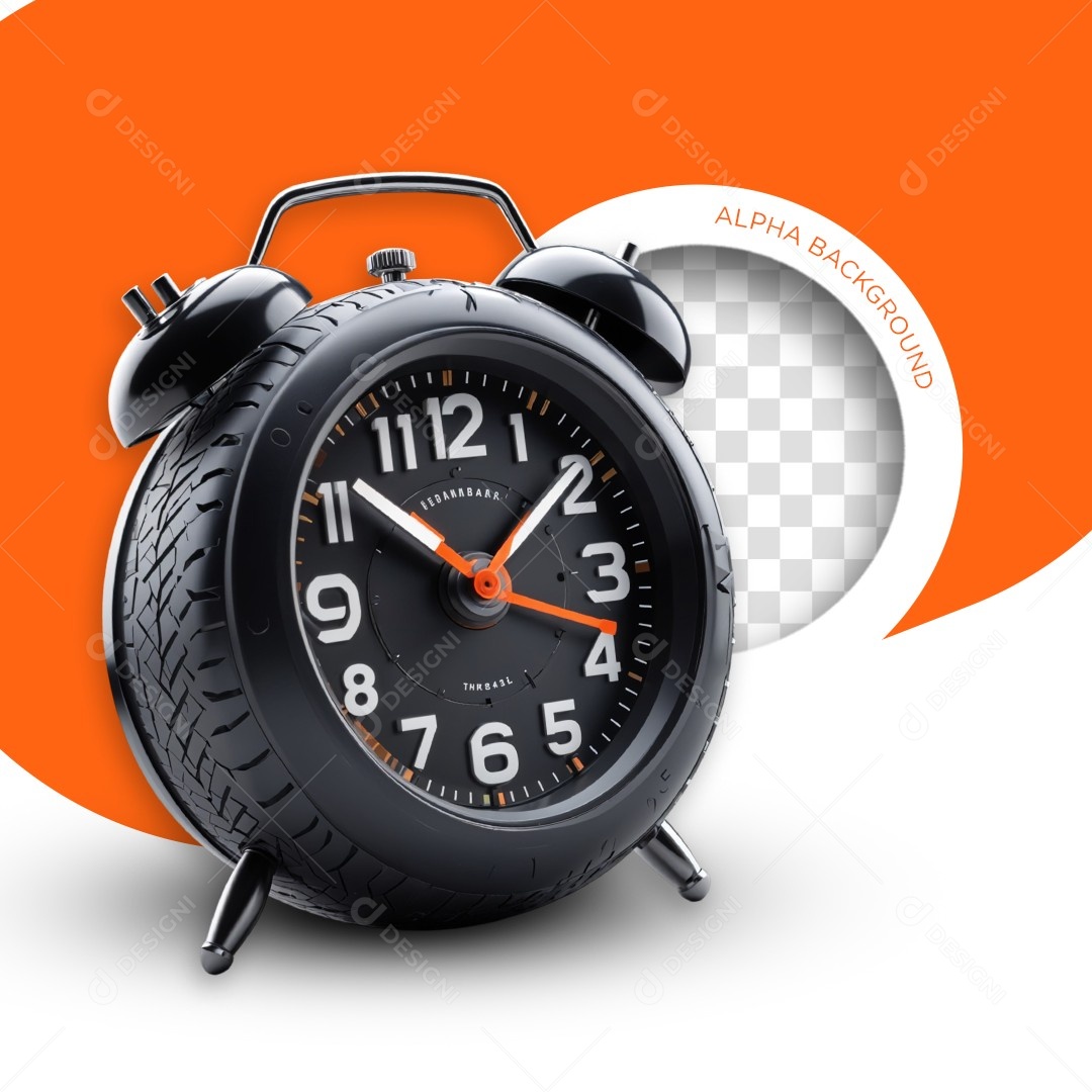 Elemento 3D Relógio Despertador Pneu Autopeças Preto para Composição PSD Editável