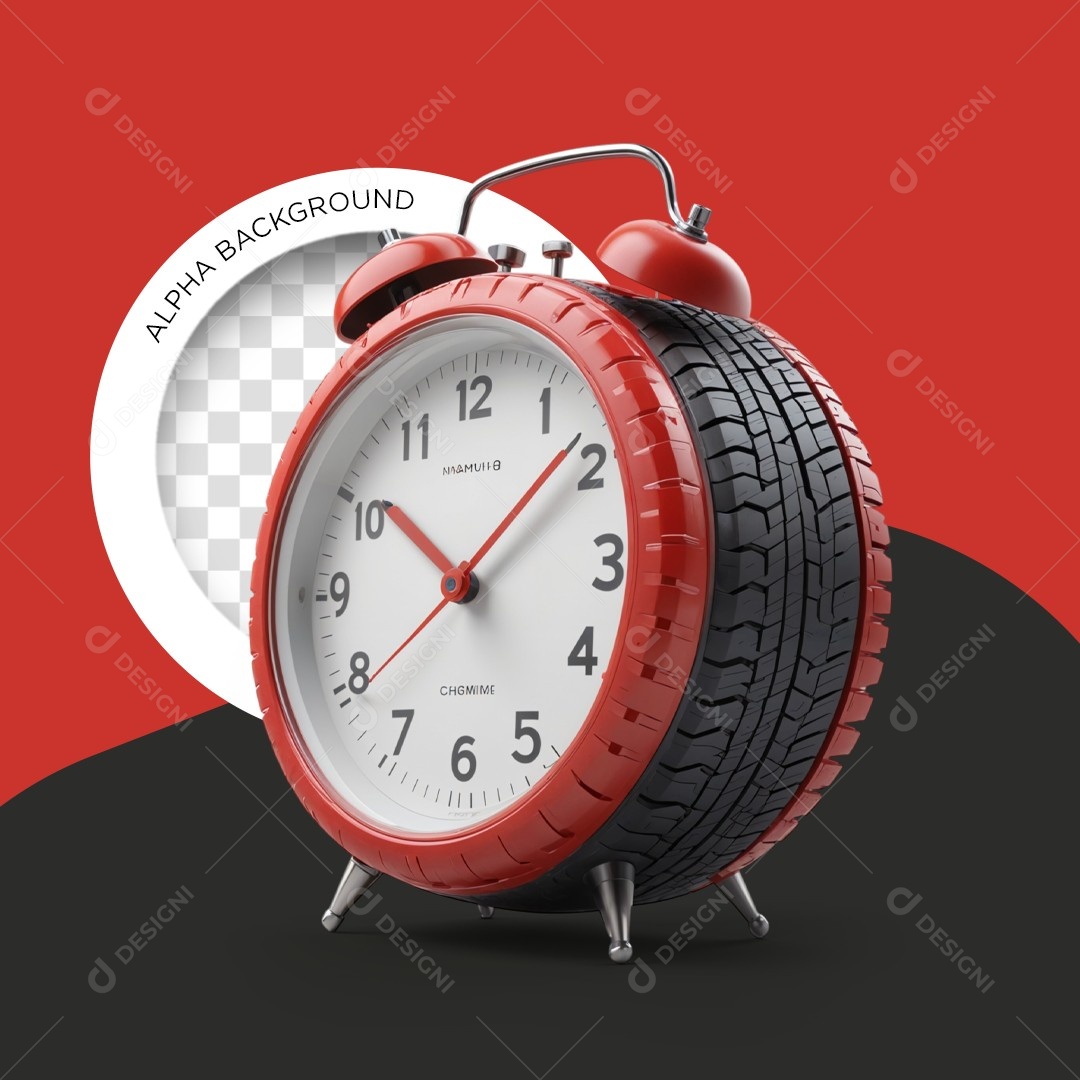 Elemento 3D Relógio Despertador Pneu Autopeças Vermelho para Composição PSD Editável
