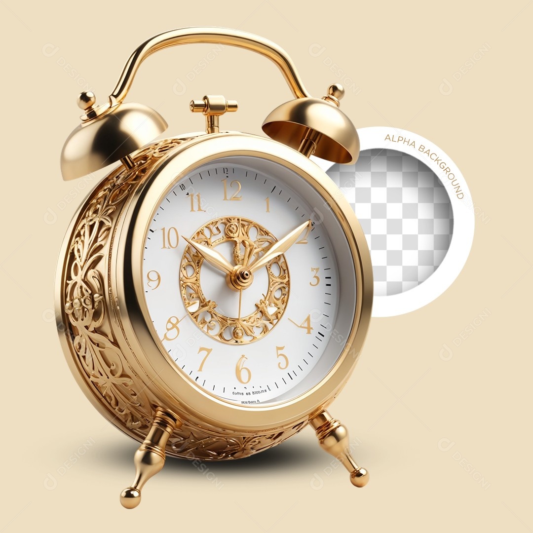 Elemento 3D Relógio Despertador Relojoaria para Composição PSD Editável