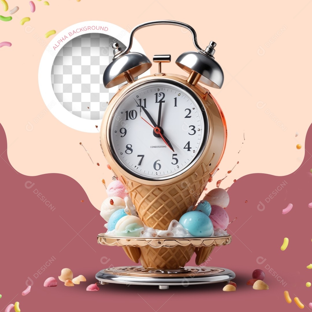 Elemento 3D Relógio Despertador Sorvete para Composição PSD Editável