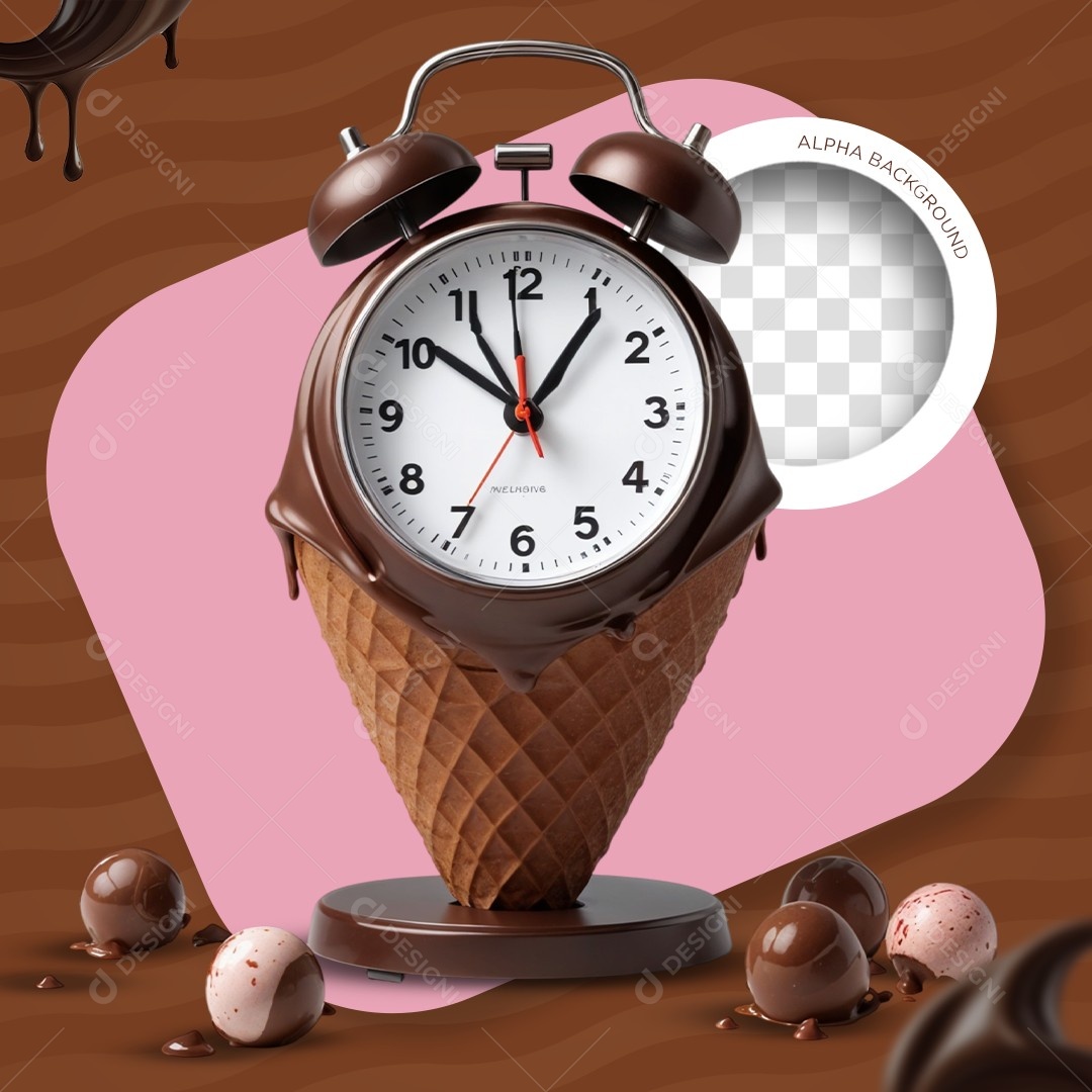 Elemento 3D Relógio Despertador Sorvete para Composição PSD Editável