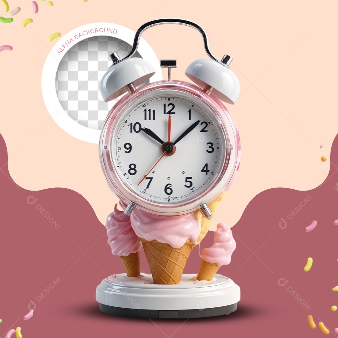 Elemento 3D Relógio Despertador Sorvete para Composição PSD Editável
