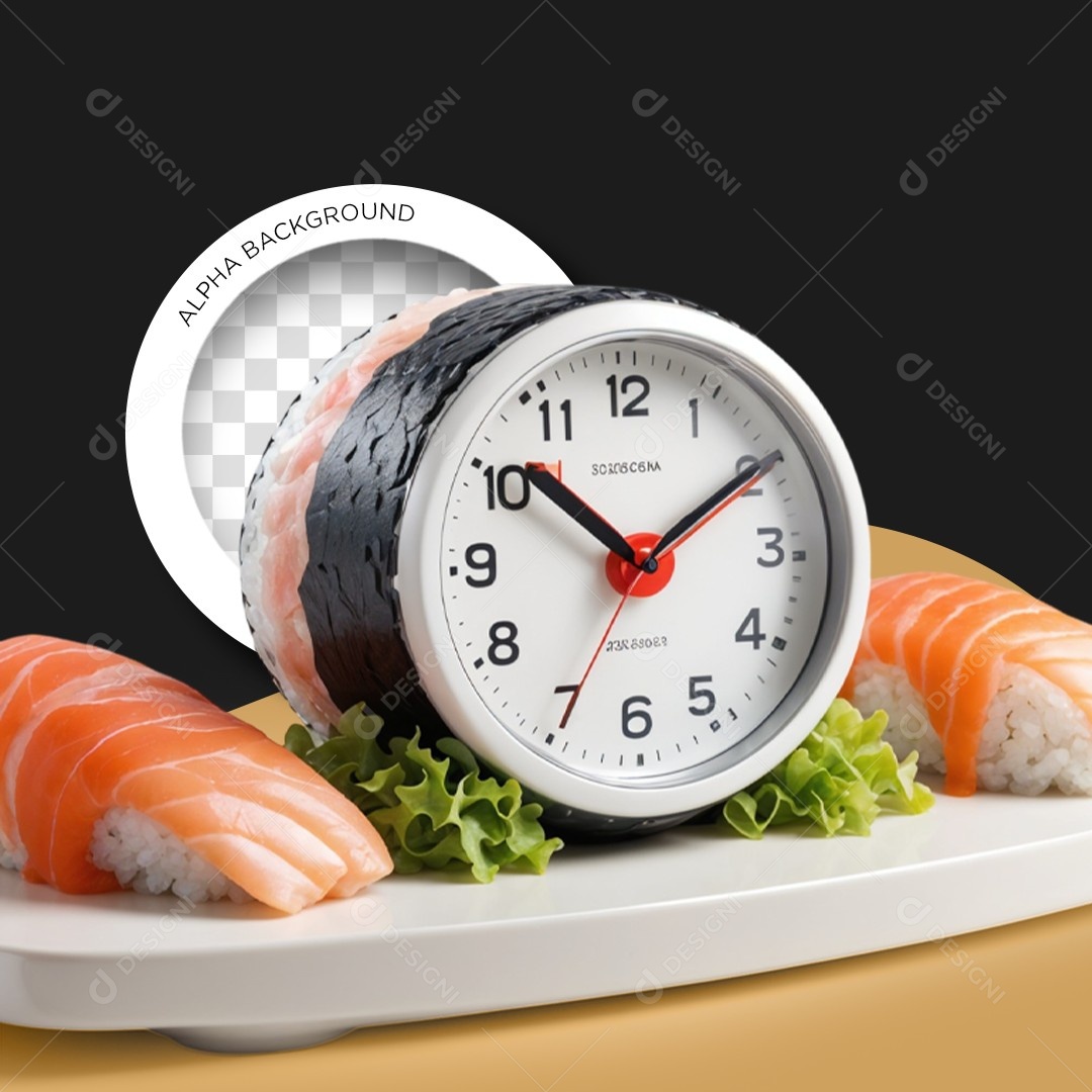 Elemento 3D Relógio Despertador Sushi para Composição PSD Editável
