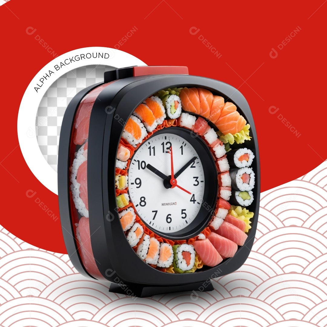 Elemento 3D Relógio Despertador Sushi para Composição PSD Editável