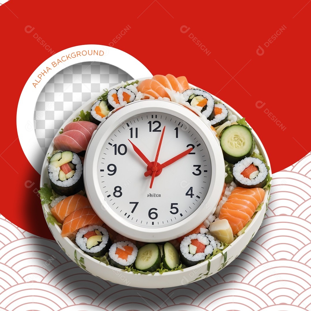 Elemento 3D Relógio Despertador Sushi para Composição PSD Editável