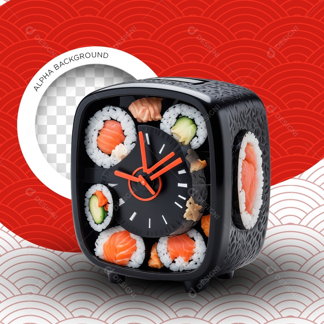 Elemento 3D Relógio Despertador Sushi para Composição PSD Editável