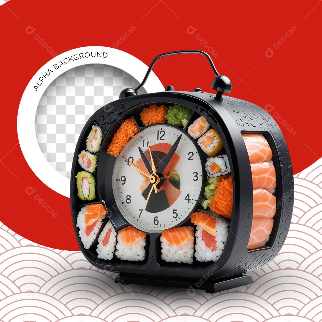 Elemento 3D Relógio Despertador Sushi para Composição PSD Editável