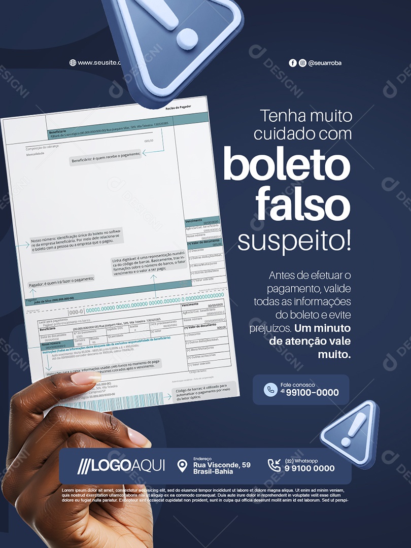 Boleto Tenha Muito Cuidado Social Media PSD Editável