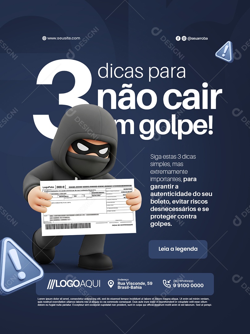 Boleto 3 dicas para não Cair em Golpe Social Media PSD Editável