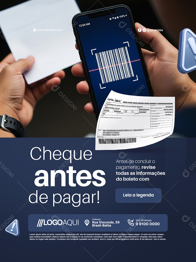 Boleto Cheque antes de Pagar Social Media PSD Editável