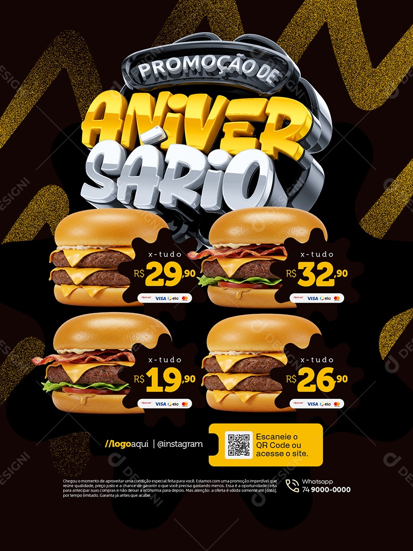Encarte Promoção Aniversario Hamburgueria Social Media PSD Editável