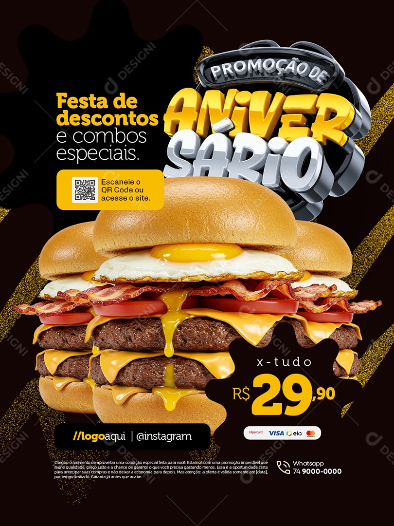 Promoção Aniversario Hamburgueria Festas de Descontos Social Media PSD Editável