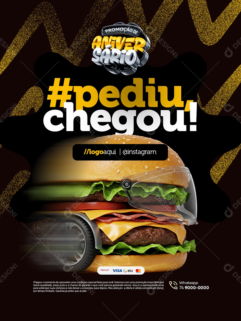 Promoção Aniversario Hamburgueria Pedia Chegou Social Media PSD Editável