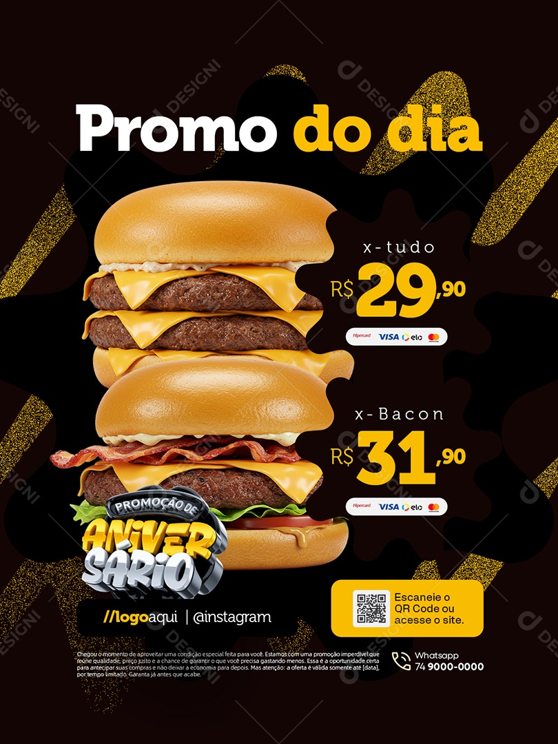 Promoção Aniversario Hamburgueria Promo do Dia Social Media PSD Editável