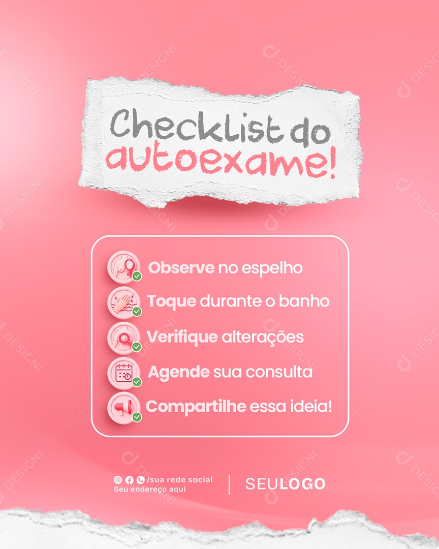 Outubro Rosa Checklist do Autoexame Social Media PSD Editável