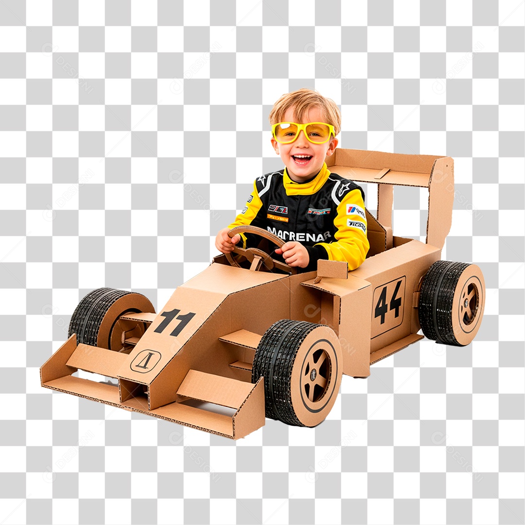 Menino Brincando em Carro de Papelão PNG Transparente