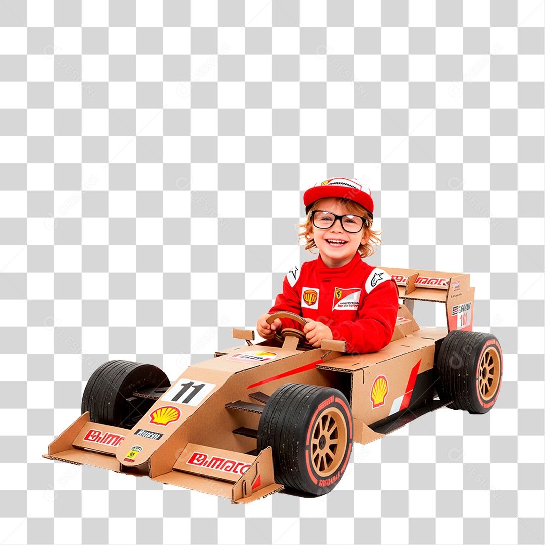 Menino Brincando em Carro de Papelão PNG Transparente