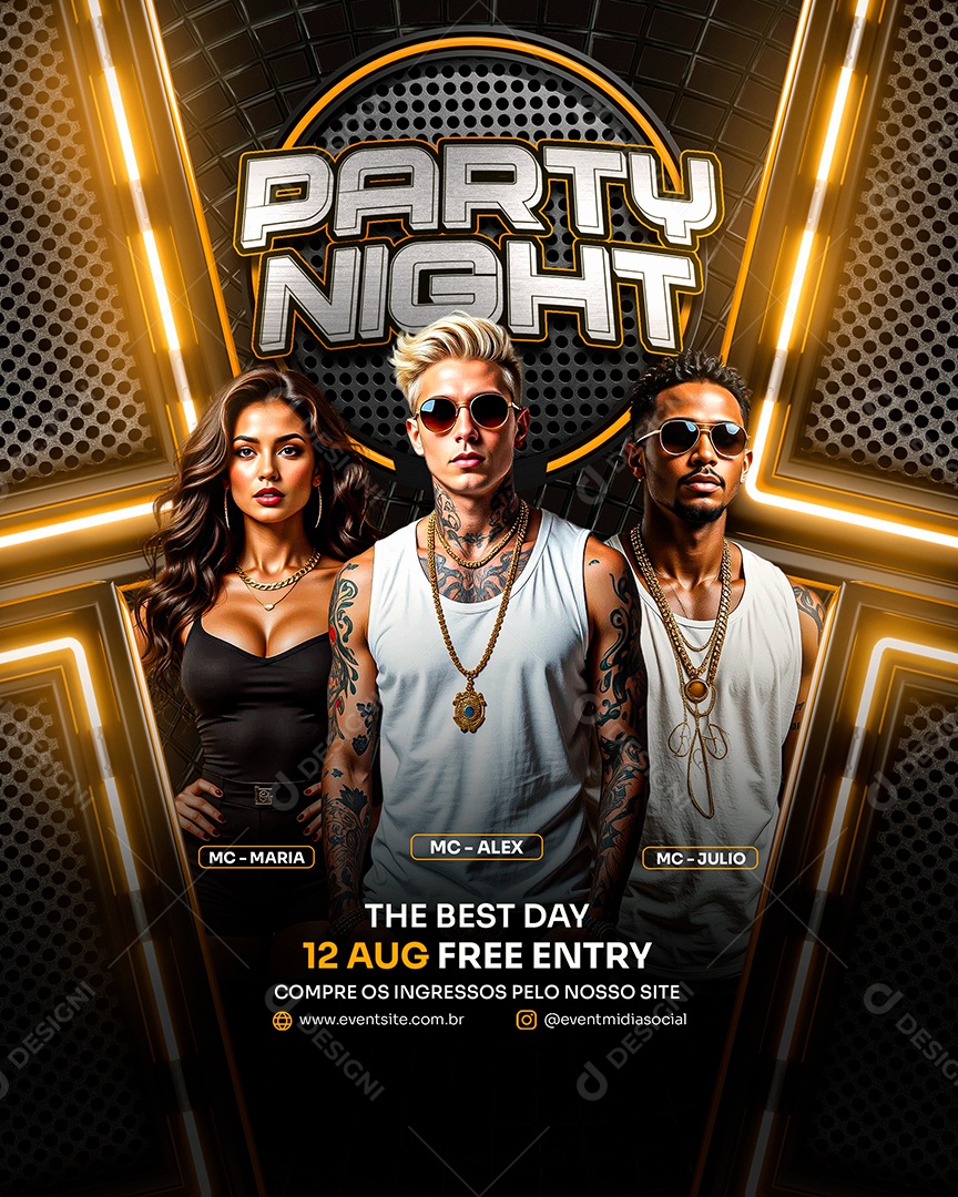 Feed Flyer Party Night Amarelo Social Media PSD Editável