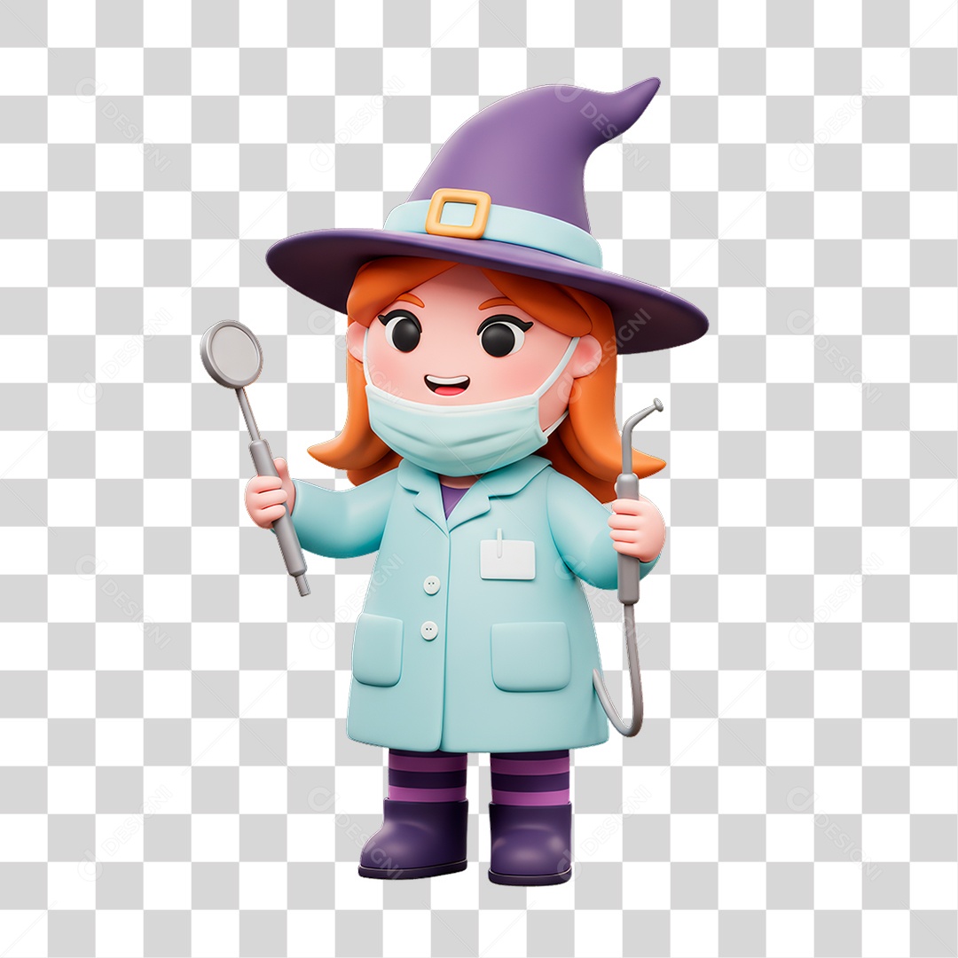 Personagem 3D de Halloween Bruxa Dentista PNG Transparente