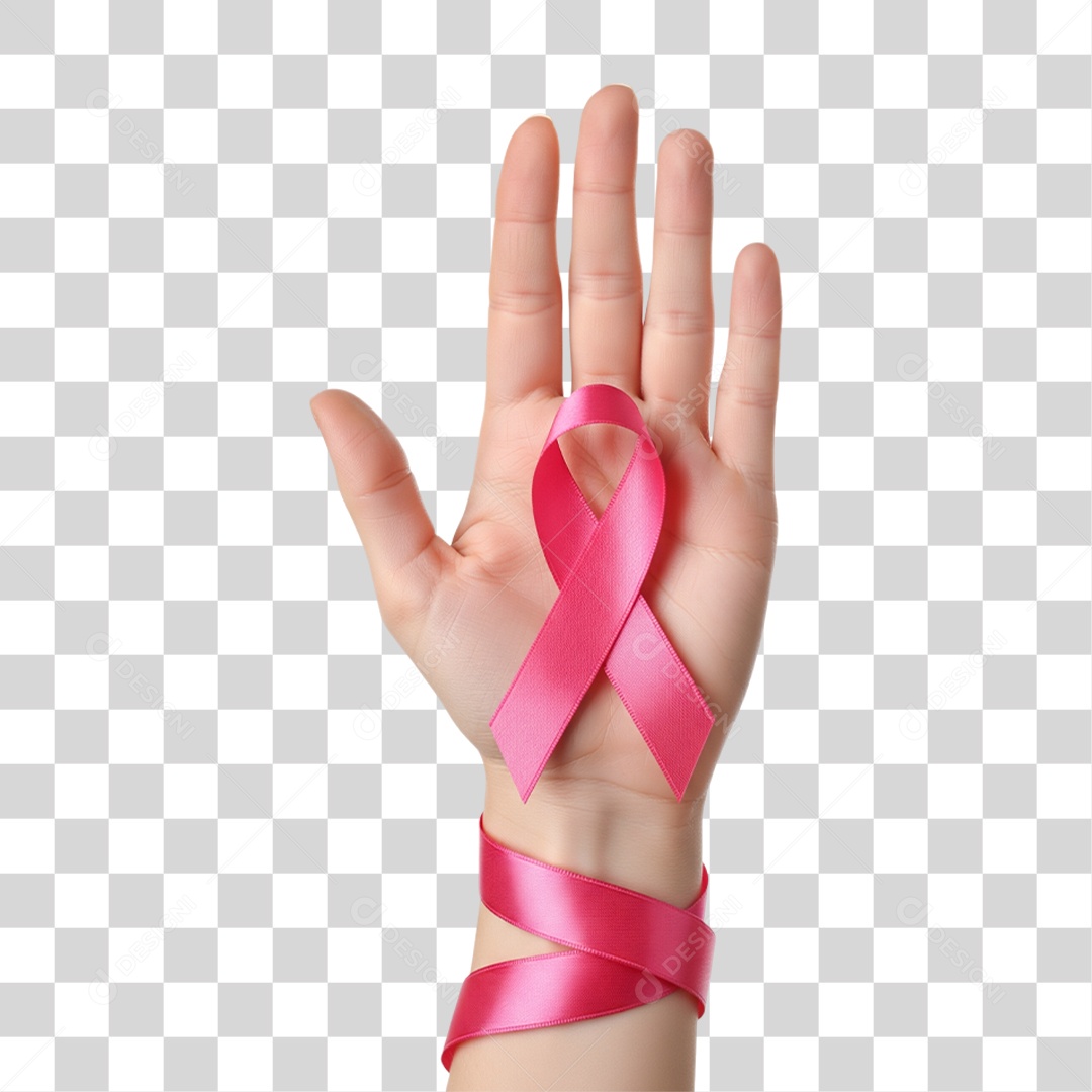 Mão Feminina Segurando Fita Rosa de Conscientização PNG Transparente