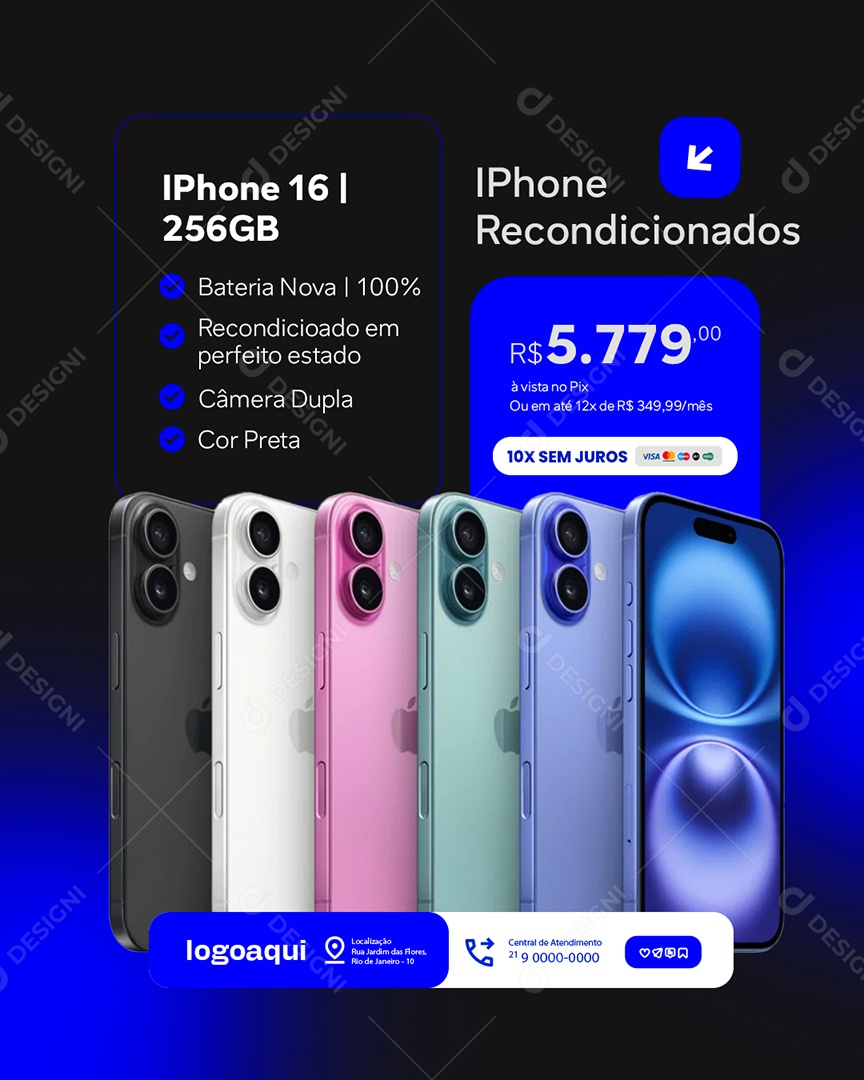 Manutenção de Celular Iphone Recondicionados Social Media PSD Editável