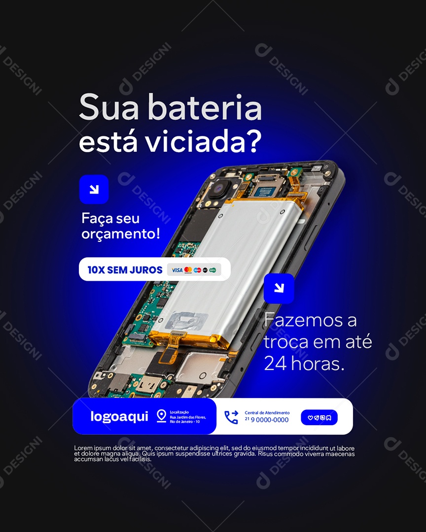 Manutenção de Celular Sua Bateria Está Viciada Social Media PSD Editável