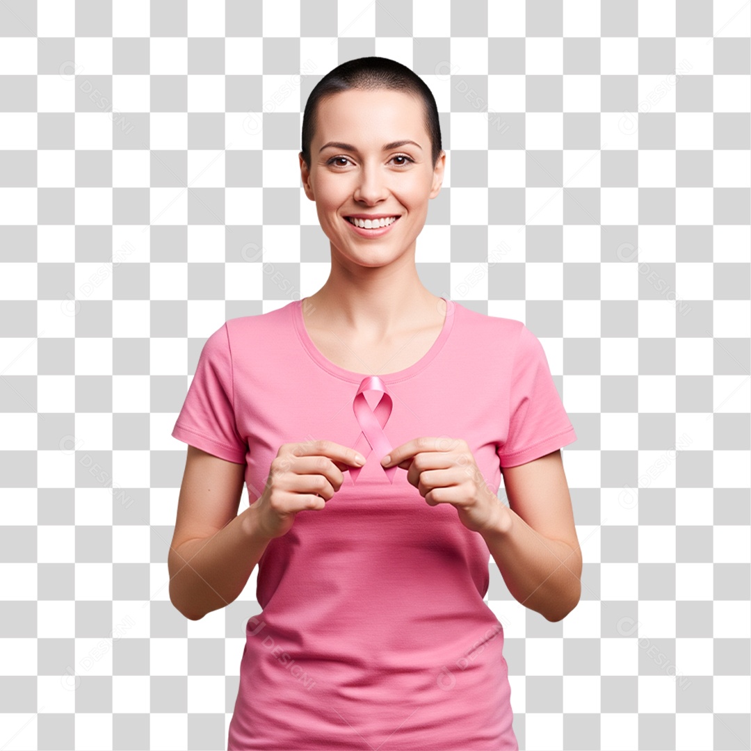 Mulher Sorridente Segurando Fita Rosa PNG Transparente