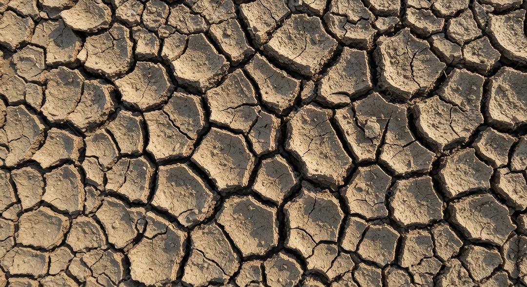 Textura de um solo rachado que é uma característica comum de áreas que sofreram seca intensa.