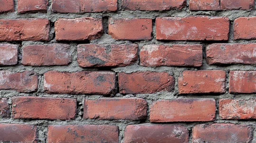 Tijolos vermelhos horizontais na parede com cor desbotada.