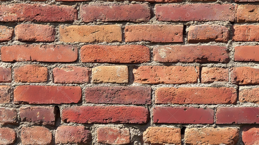 Tijolos vermelhos horizontais na parede com cor desbotada.