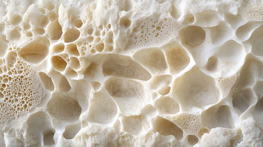 Textura de tecido ósseo destacando a complexa arquitetura porosa dos ossos.