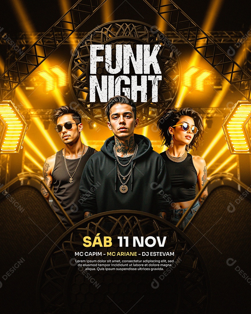 Feed Flyer Funk Night Amarelo Social Media PSD Editável