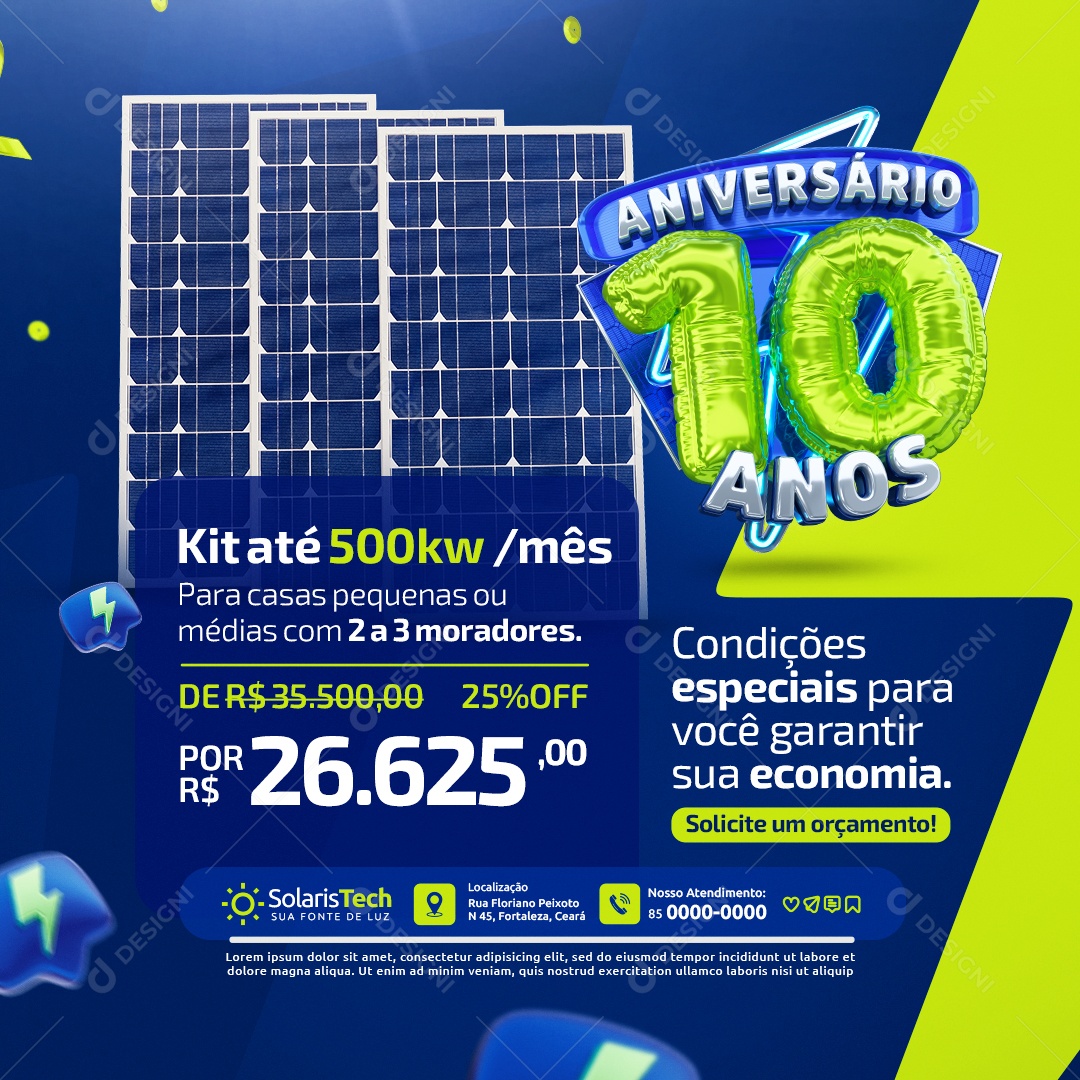 Aniversário 10 anos Energia Solar Condições Especiais Social Media PSD Editável