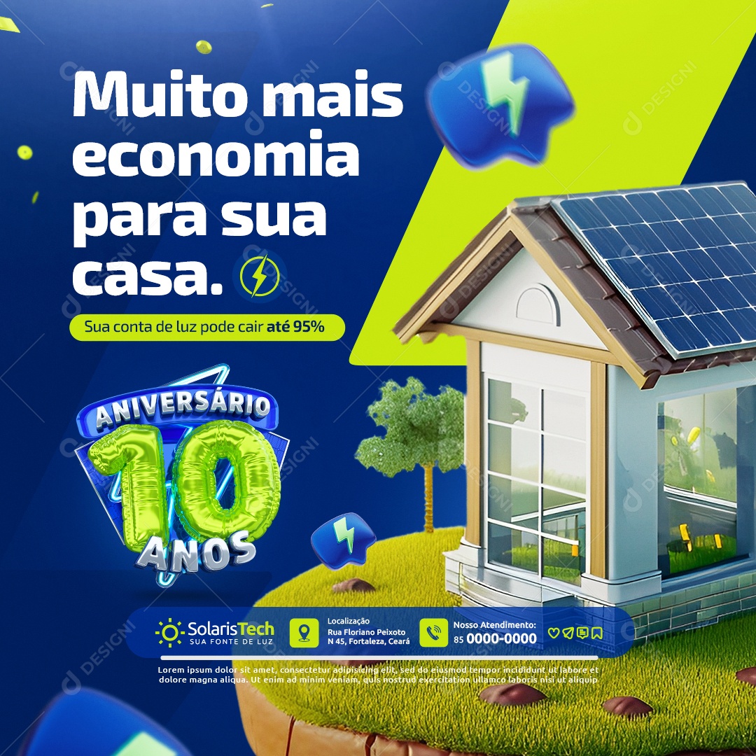 Aniversário 10 anos Energia Solar Muito Mais Economia para Sua Casa Social Media PSD Editável