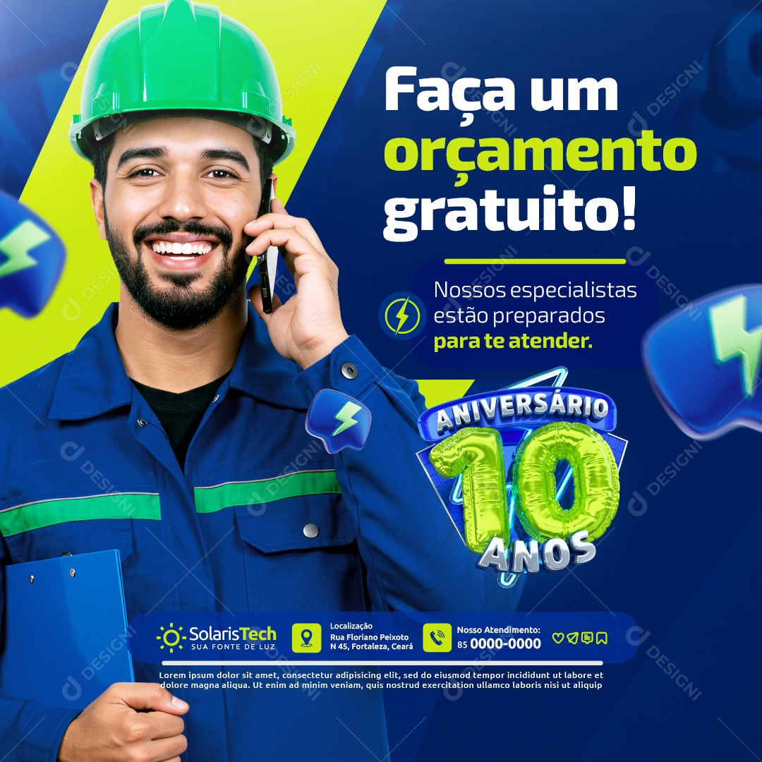 Aniversário 10 anos Energia Solar Faça um Orçamento Gratuito Social Media PSD Editável