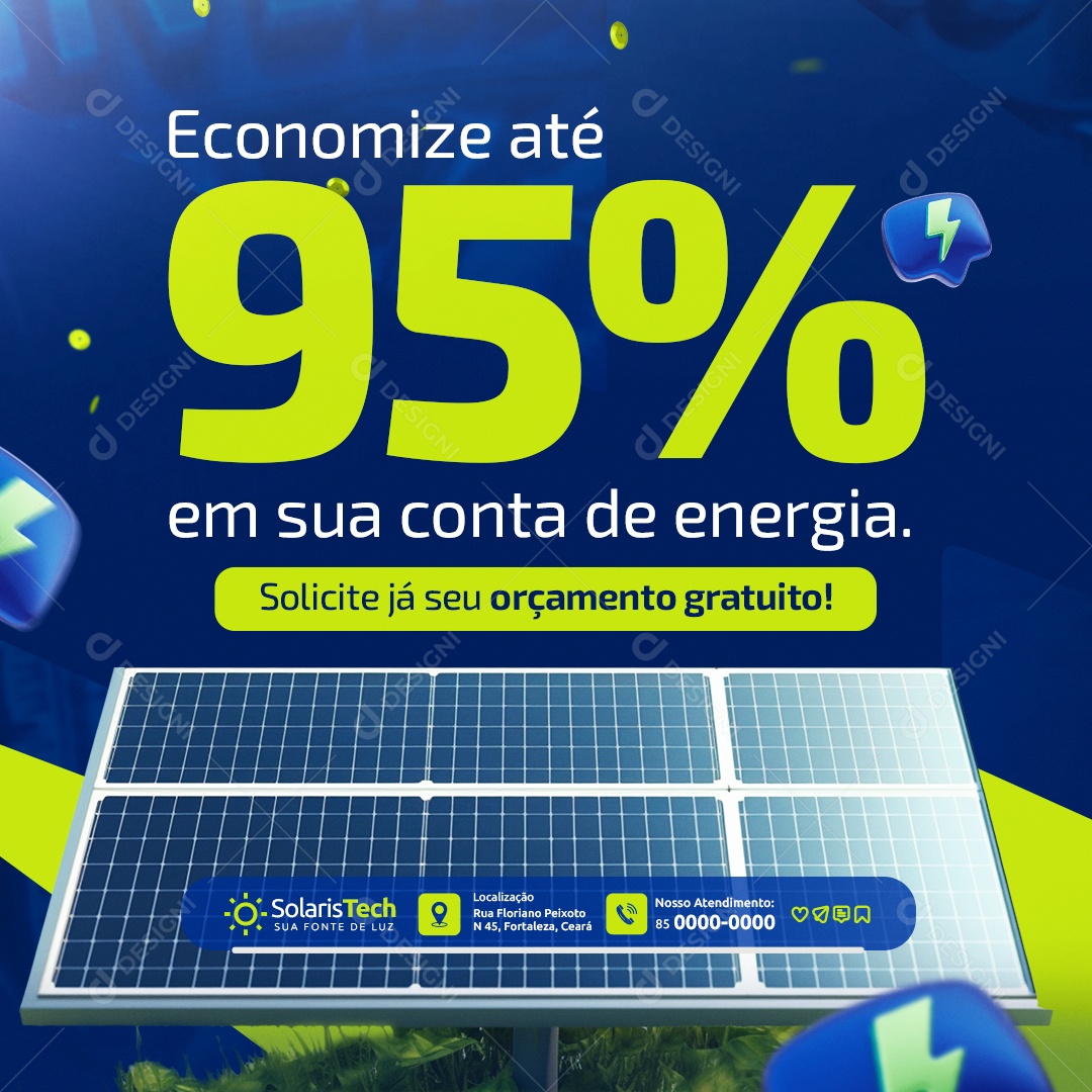 Aniversário 10 anos Energia Solar Economize Até 95% em Sua Conta Social Media PSD Editável