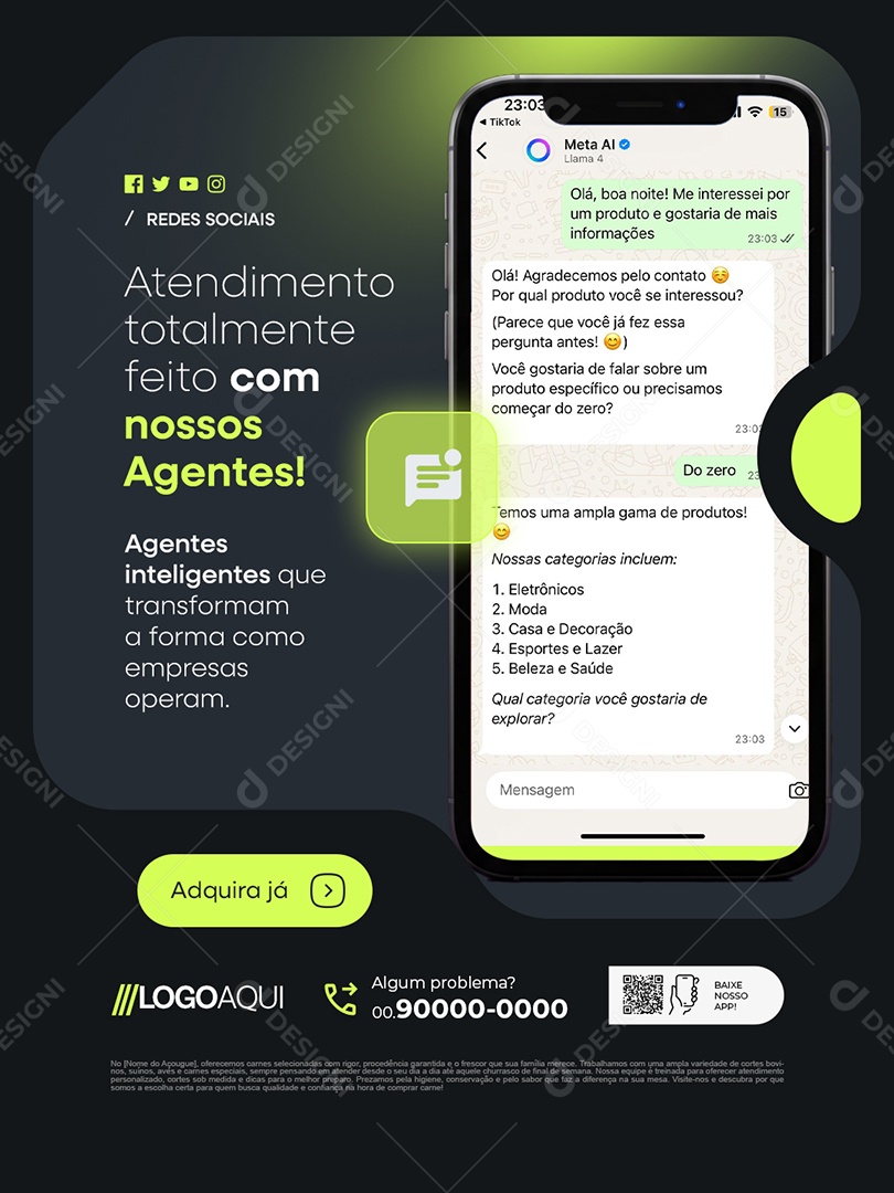Agentes de IA Atendimento Totalmente Feito com Nossos Agentes Social Media PSD Editável